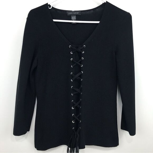 Cable & Gage Black Lace Up Stretch Knit Top - Picture 1 of 13